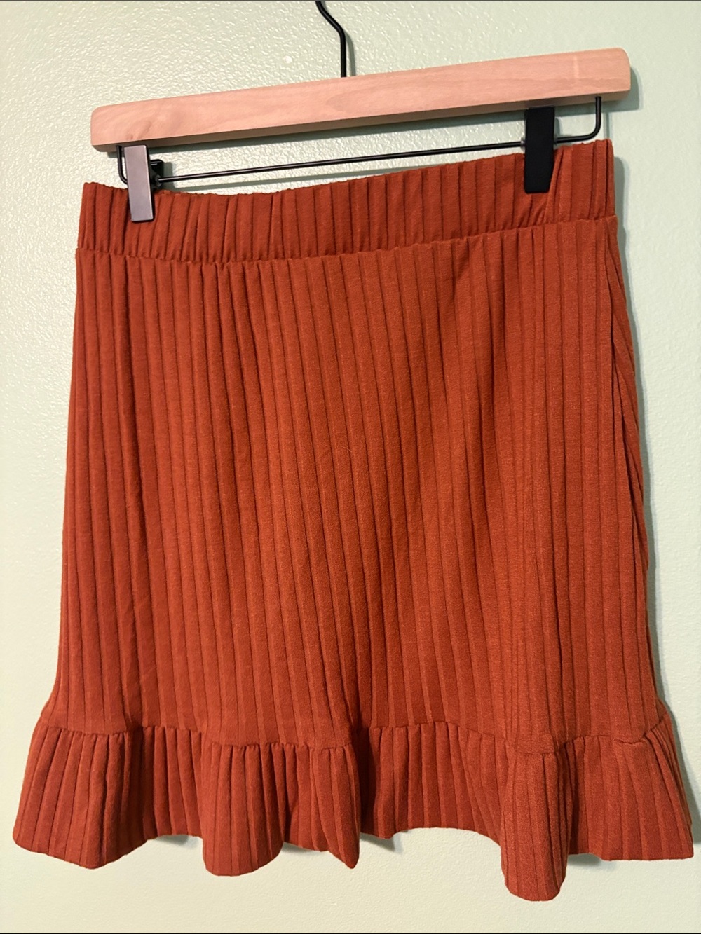 Lost + Wander Ribbed Mini Skirt with Ruffle Hem - Rust Orange